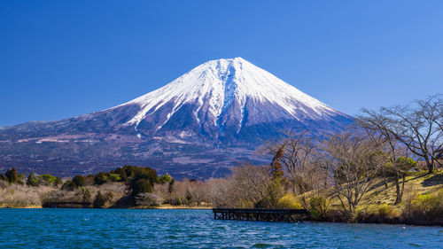 Scenic view of snowcapped mountains against clear sky