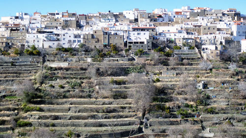Buildings in town against sky