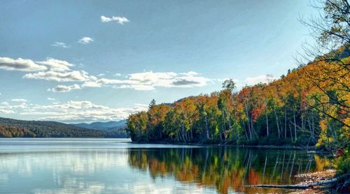 Scenic view of lake by trees against sky