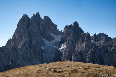 Panoramic view of rocky mountains against clear sky