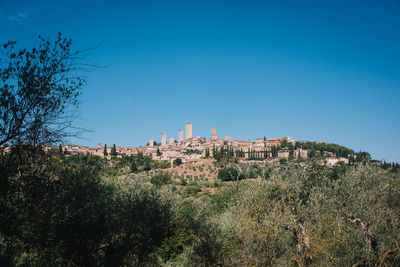 Buildings against clear blue sky