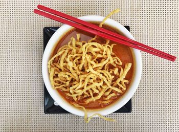 High angle view of noodles in bowl on table