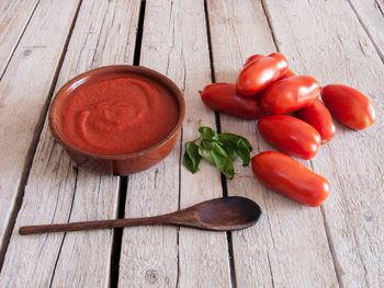 High angle view of tomatoes in plate on table