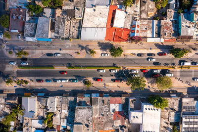 Aerial view of the tulum town from above. small mexican village.