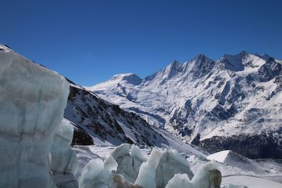 Scenic view of snowcapped mountains against clear sky