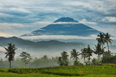 Scenic view of mountain range against cloudy sky