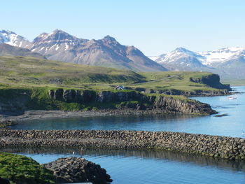 Scenic view of lake and mountains against clear sky