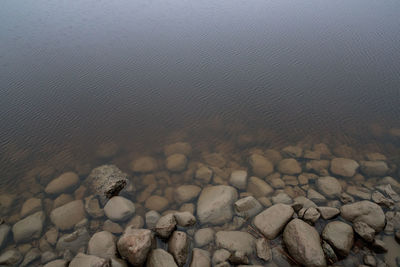 High angle view of stones on beach