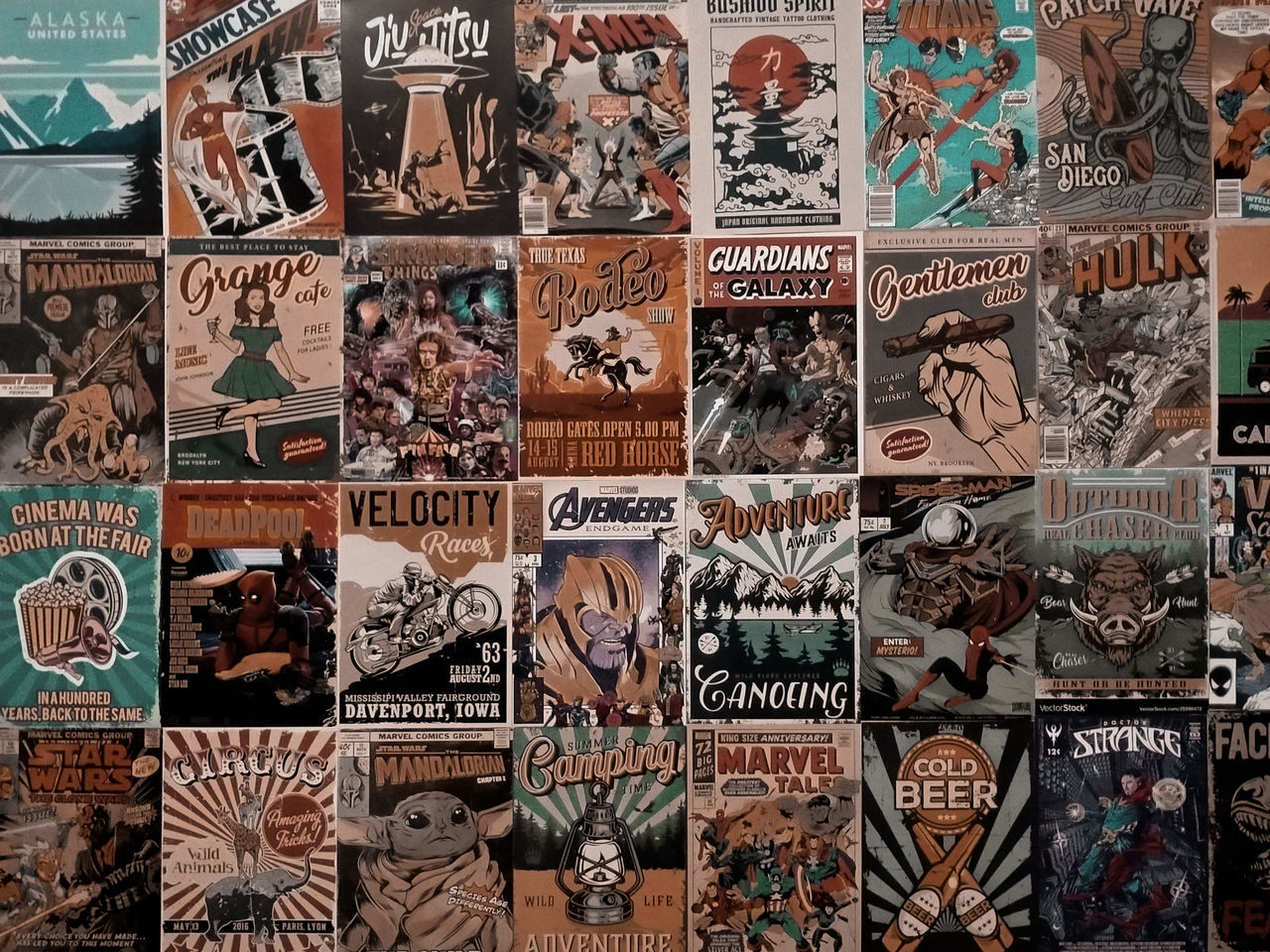 full frame, art, backgrounds, no people, pattern, collage, variation, comics, communication, comic book, text, large group of objects, multi colored, collection, creativity, wall - building feature, indoors