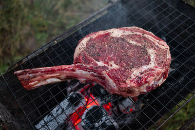 Close-up of meat on barbecue grill