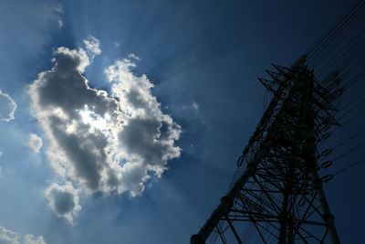 Low angle view of power lines against blue sky