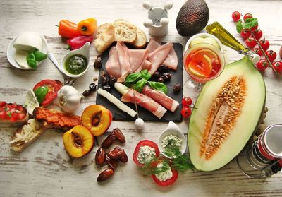 High angle view of various food on table