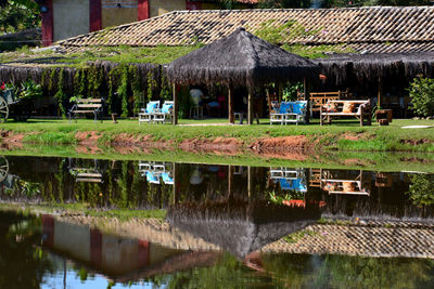 Restaurant reflecting on calm lake