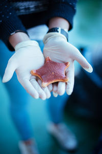 Low section of zoologist holding starfish