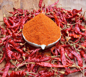 High angle view of red chili powder in bowl