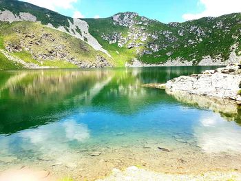 Scenic view of lake with mountains in background