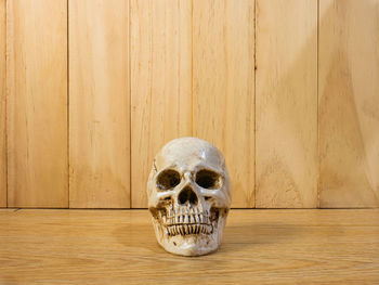 Close-up of human skull on wooden table