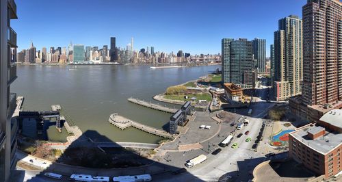 High angle view of east river in city