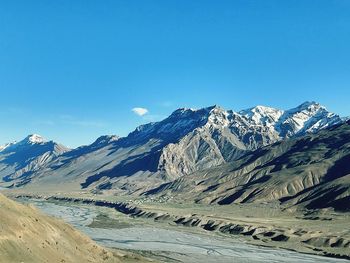 Scenic view of snowcapped mountains against clear blue sky