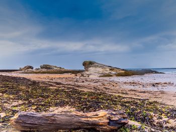 View of rocks on beach against sky