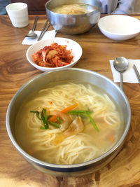 High angle view of soup served on table