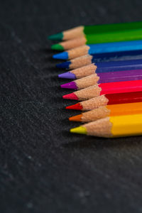 Close-up of colored pencils on table