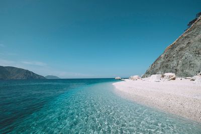 Scenic view of sea against clear blue sky