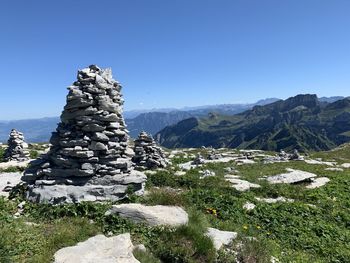 Scenic view of rocky mountains against clear sky