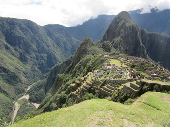 High angle view of machu picchu and mountains