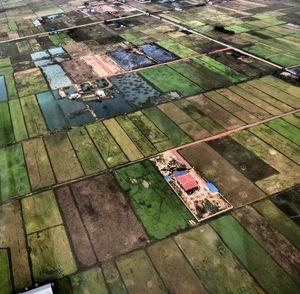 High angle view of agricultural field against sky