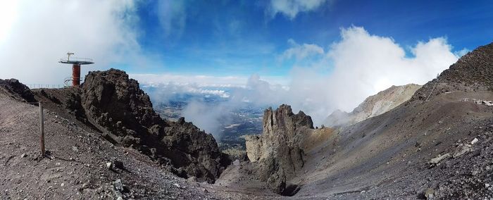 Scenic view on top of mountain against cloudy sky