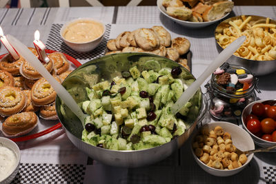 High angle view of food served on table