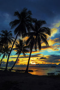 Silhouette palm trees on beach against sky during sunset