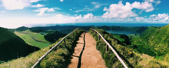 Panoramic view of landscape against blue sky