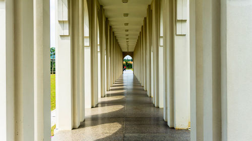 Rear view of man walking in corridor of building