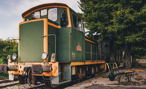 Train on railroad track against sky