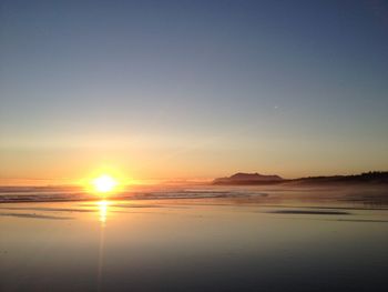 View of calm beach at sunset