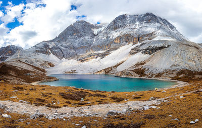 Scenic view of lake and snowcapped mountains against sky