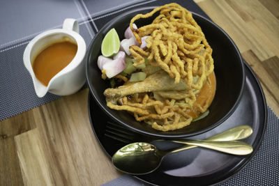 High angle view of food served on table