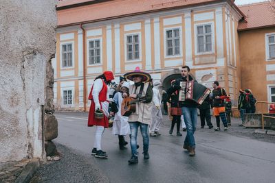 Group of people in front of building