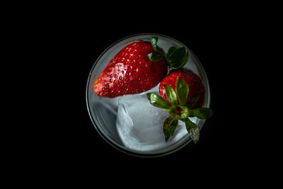 High angle view of strawberries in plate against black background