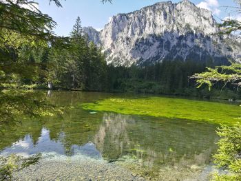 Scenic view of lake with mountains in background