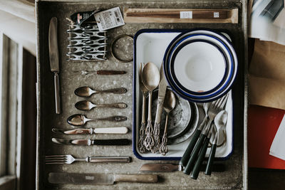 High angle view of food on table at home