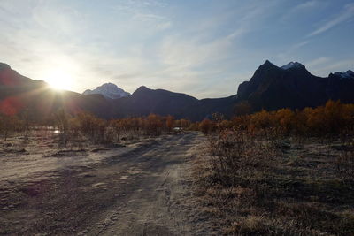 Scenic view of mountains against sky during sunset