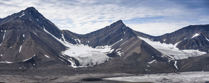 Scenic view of snow covered mountains against sky