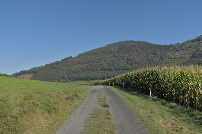 Road amidst field against clear blue sky