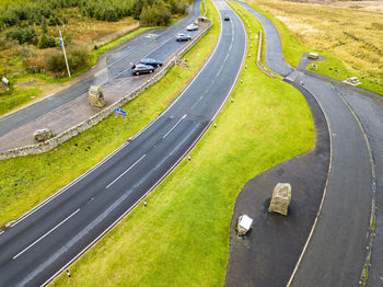 High angle view of highway amidst road