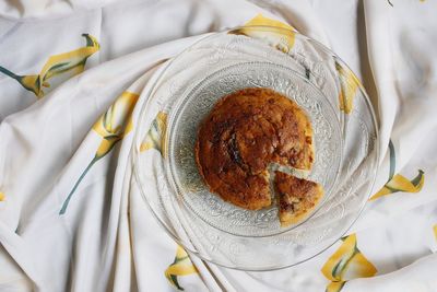 High angle view of bread in plate on table