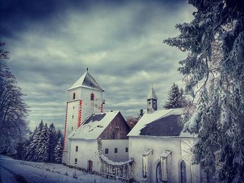 Panoramic view of cathedral against sky during winter