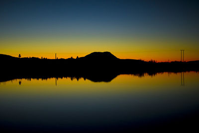 Reflection of silhouette in calm lake at sunset